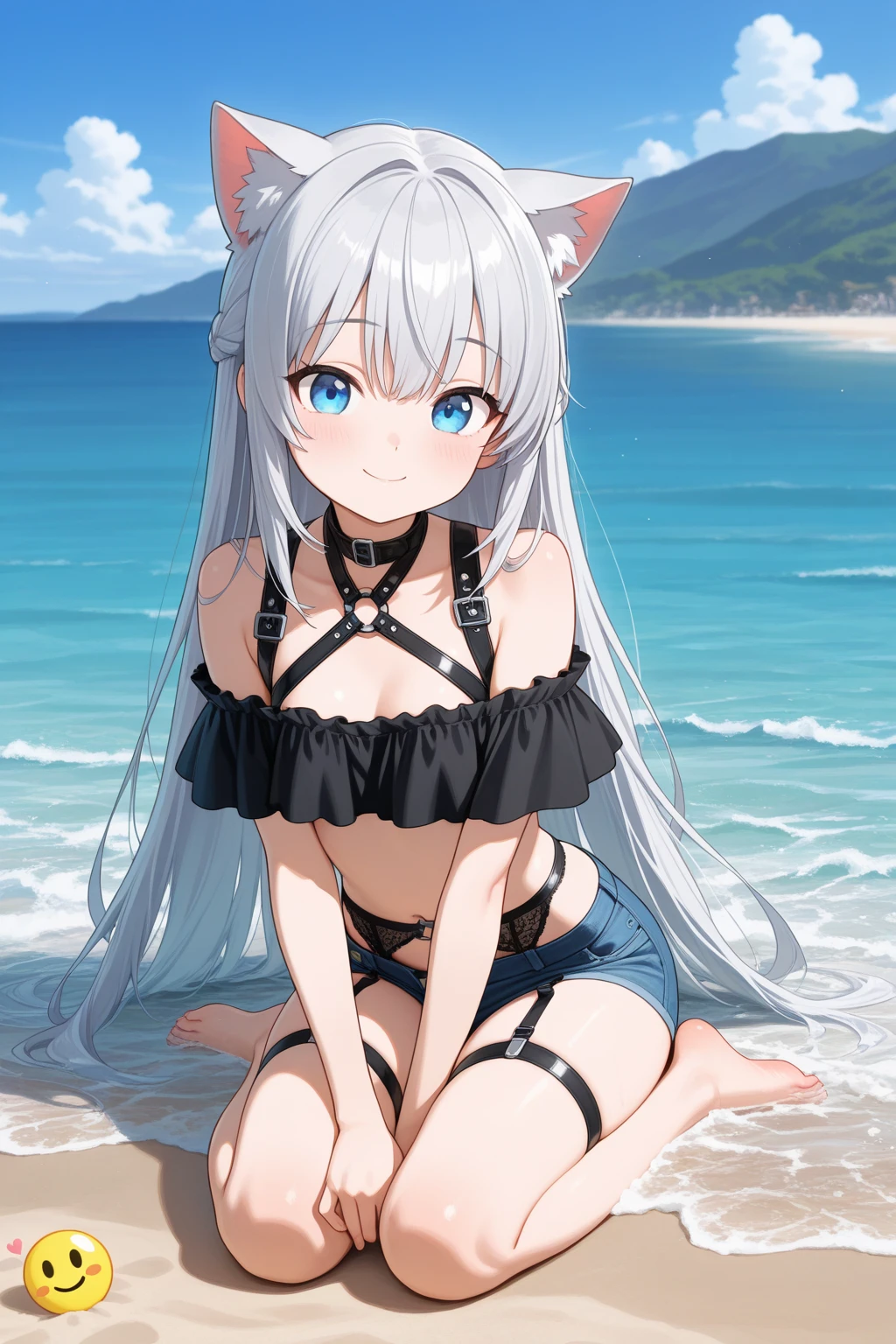 Best_quality,detailed, <lora:Nekopara Choco&Vanilla:0.7>, 1girl , full body ,midriff peek,cute bikini , blue eyes, vanilla \nekopara\ , white hair,cat ears, sweaty, beach