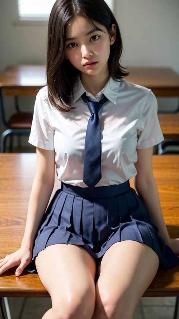 ((Brown Hair)), ((Gal)), ((Breast enlargement)), (masterpiece, Highest quality:1.2), 8K, Young and beautiful girl, 85mm,Official AR RAW Photos, (Baby Face), ((Small face)), (((Super big breasts))),  Detailed nipples, Show me your ears、photo shoot, Cute face, Thighs, Classroom after school, Looking at the audience, (M-shaped legs), Embarrassing、smile、Natural Makeup, Film Grain, chromatic aberration, Sharp focus, Face Light, Bright lighting, 10 generations, Detailed face, Background blur、((((((14 year old high school girl))))))、Narrow waist, ((Schoolgirl uniform, Checkered pleated mini skirt)), (White tiny panties), sit with your legs open, Sexy, Seductive look
