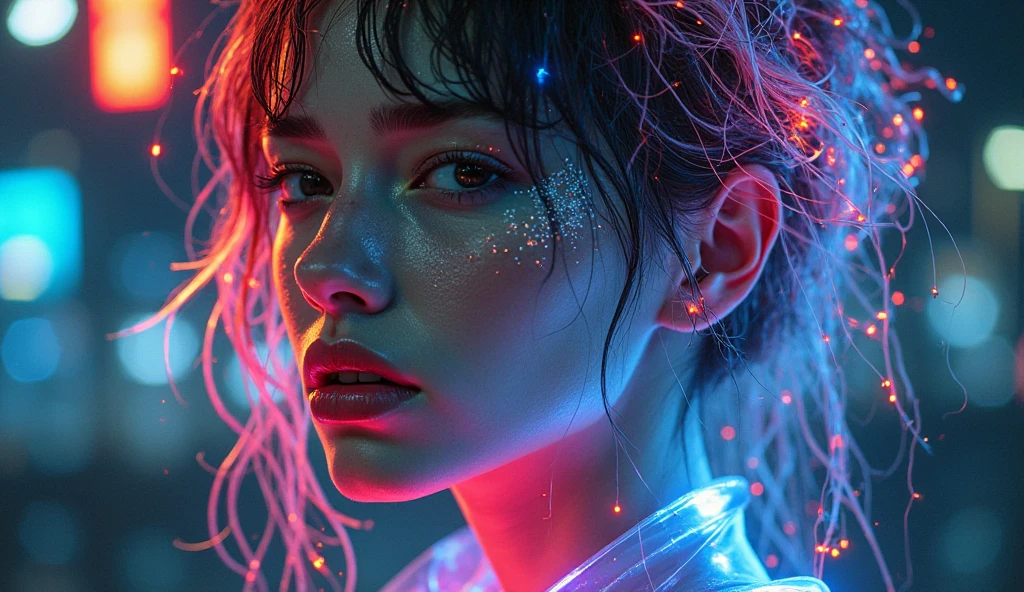glow line art, graffiti, written with an illumination pen, very sharp line, shining glow, super-refection, multi vivid clear color, a woman, solo,