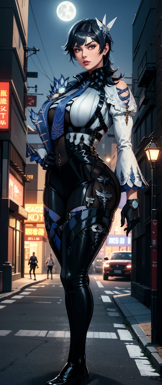 (best quality, masterpiece:1.2), photorealistic, thick outlines, strong shadows, 1 girl, full body, short hair, jacket on shoulders, armpit, water magic, water splash,  detailed background, detailed face, background night moon light castle,