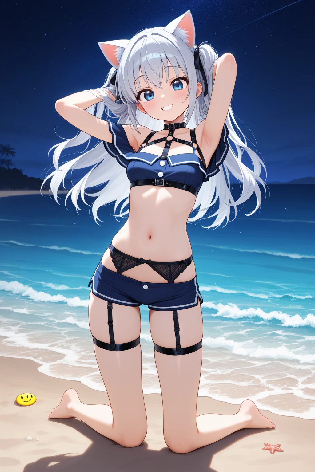 (Extremely detailed CG unified 8k wallpaper),(masterpiece), (Best quality), (Ultra Detailed), (Best Illustration),(The best shadow),Lying in bed,Raise your hands above your head,Arms behind the back of your head,Widely spread legs,Open your legs,Open your belly button
