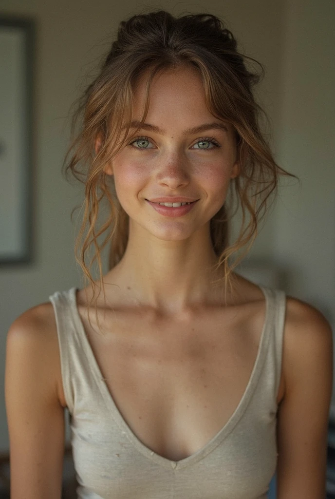 mirror selfie , A beautiful 19-year-old girl , Smile , Delicate skin、Face and eyes , Natural Lighting , at home , Long hair, Messy hair, Sheer lace, cleveage, Film Grain, Low contrast, natural face , freckle , Dark Blonde Hair , Deep blue eyes, Dark circles, Sexy, Visible nipples,