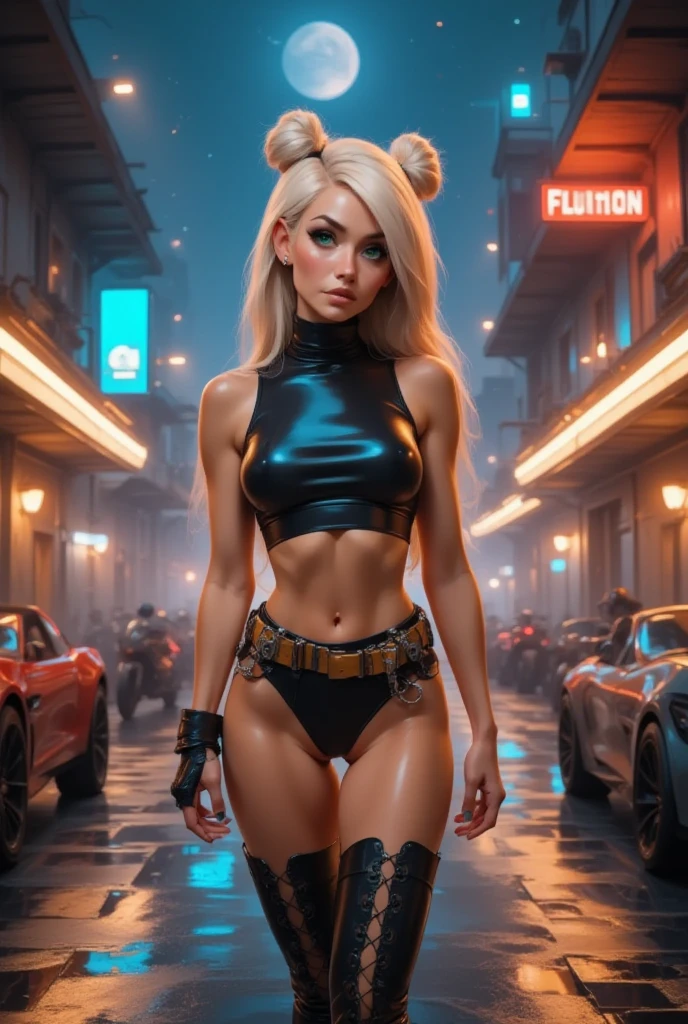 (((upper body))), (Masterpiece, photorealistic, photorealism, best quality, ultra-detailed:1.3), (nice hands, perfect hands), official art, cinematic light, (1girl:1.3), adult, A 25-year-old woman with a perfectly beautiful face, blue eyes, long eyelashes, and gorgeous long hair. She wears sexy clothes and stockings. She is dancing, happy, and laughing. committed to excellence. (The bright neon light:1.3) captures her futuristic solo performance. She radiates energy and an aura. The dust and debris in the background contrast with her appearance. Her tanned skin and blonde hair are reminiscent of Jessica Marie Alba clothing, with a fishing net and a shirt lift