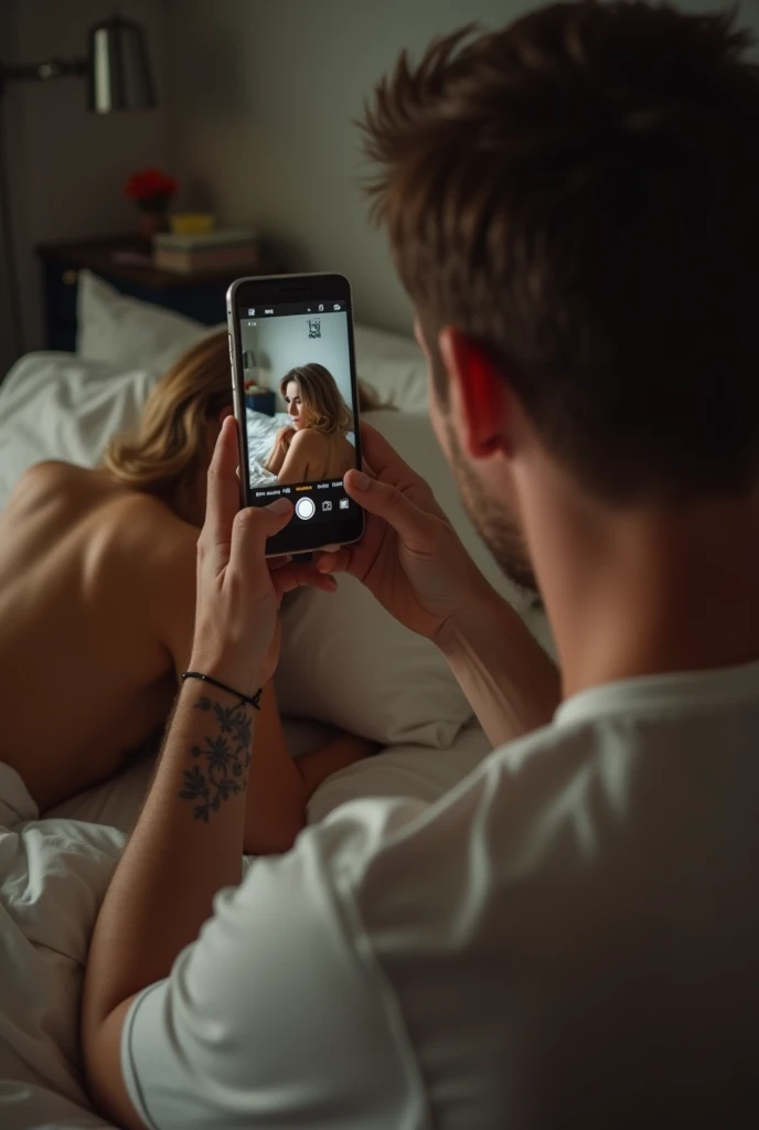 A beautiful naked brunette takes a selfie and in the background we see a naked couple fucking
