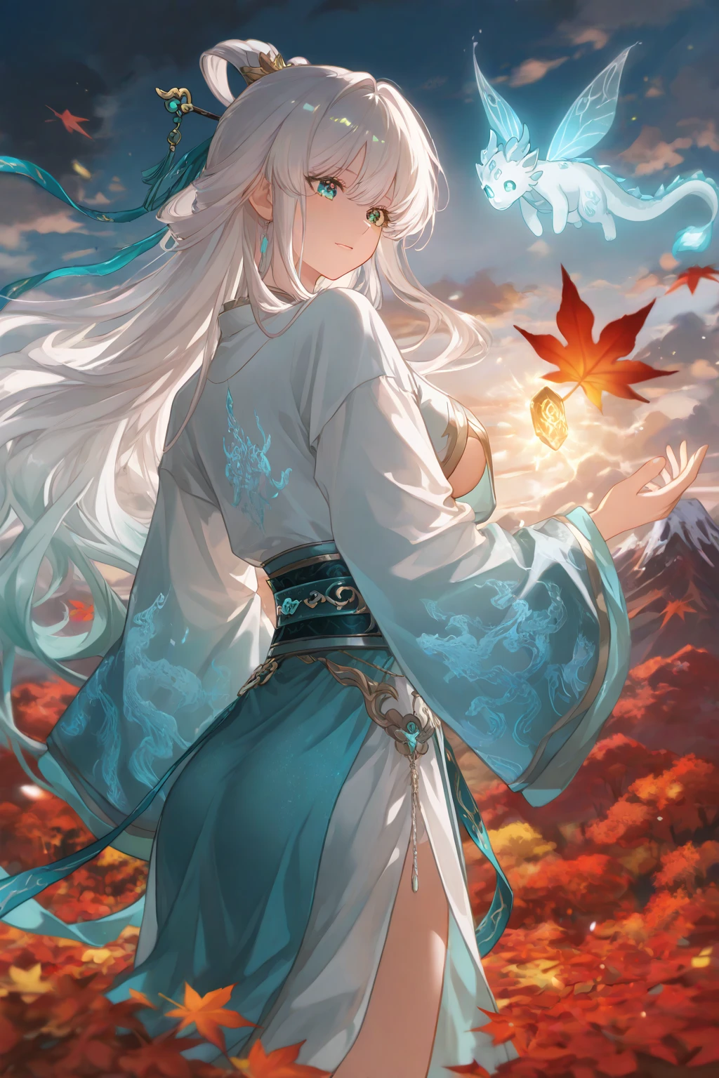 Realistic, (Masterpiece, Top Quality, Best Quality, Official Art, Beauty and Aesthetics: 1.2), Very Detailed, Fractal Art, Colorful, Most Detailed, Zentangle, (Abstract Background: 1.5) (1boy: 1.3), Gods, (Glowing Blue Eyes), Mysterious, (Magic), Ice and Snow, ((Sitting on Giant Lycoris radiata)), Lycoris radiata, Yellow Spring Hell, Soul Ferryman, Ghost
