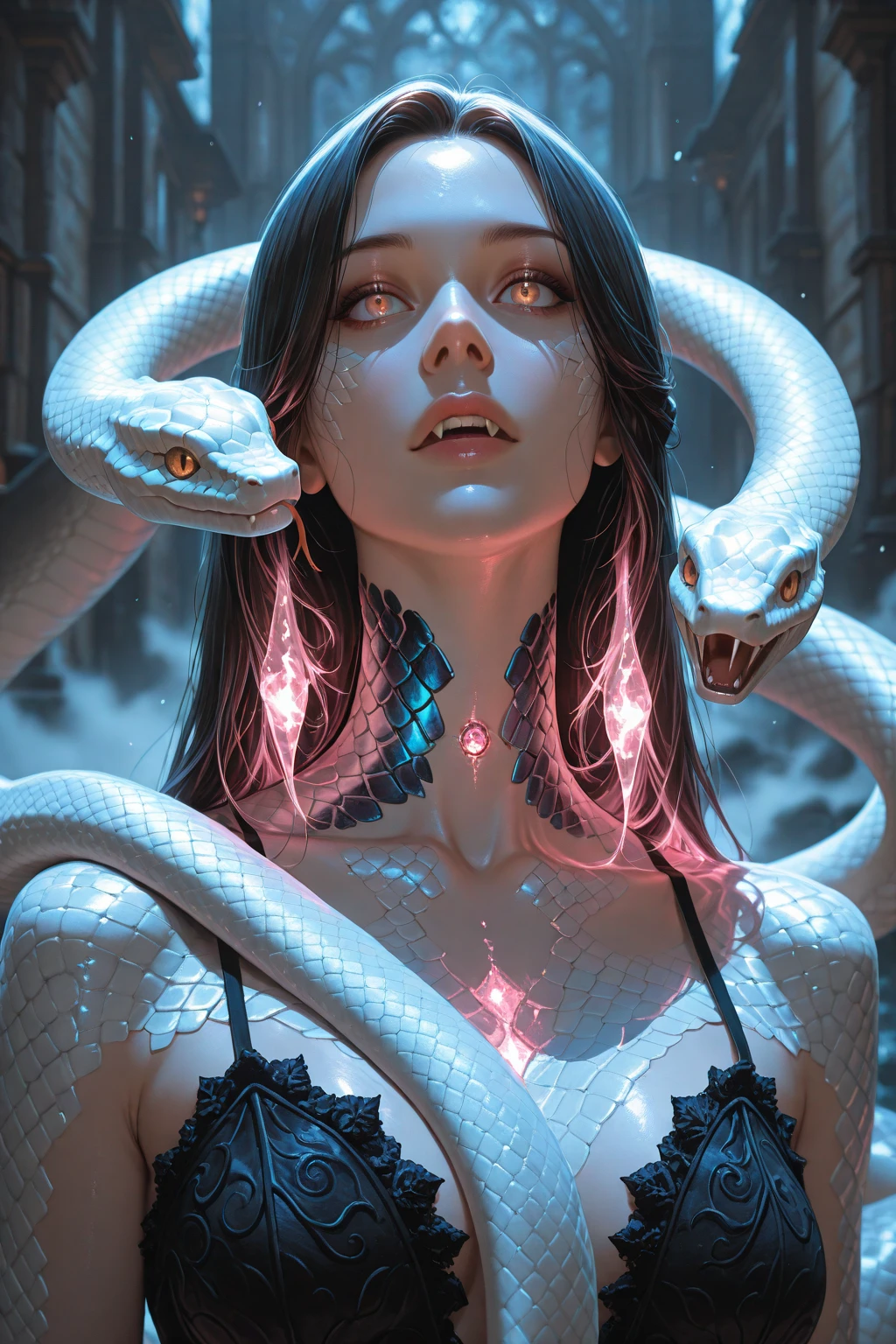 A stunning, hyper-realistic portrayal of anbioluminescent body adorned with vibrant, multi-colored neon dots that illuminate brilliantly. Her translucent skin reveals her intricate internal structure, while her small, round appendages function as arms, tenderly cradling her otherworldly face.  alien creature by Esao Andrews. The alian girl is depicted with a slender, bioluminescent body, adorned with multi-colored neon dots that glow brilliantly. Her transparent skin reveals her intricate internal structure, and her small, round appendages serve as arms, gently embracing her otherworldly fish-like face. Esao Andrews' unique artistic techniques create an atmosphere of wonder and mystique, drawing the viewer into the captivating world of this enigmatic creature.