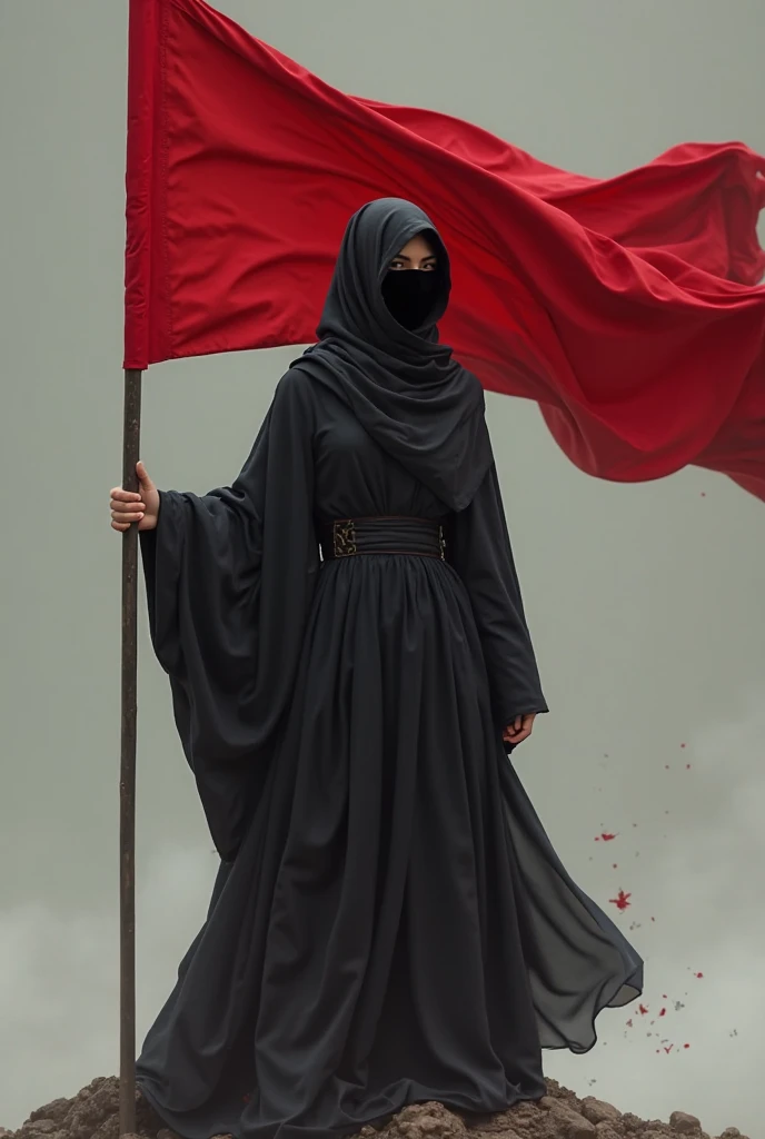 A veiled Muslim white dominant woman, She has black leather boots on her feet. Only the woman's eyes are visible. Anklet on woman&#39;s ankle, There is a key in the anklet. There are naked black male slaves kneeling in front of the woman. In the sky : Mistress Salome" writes.