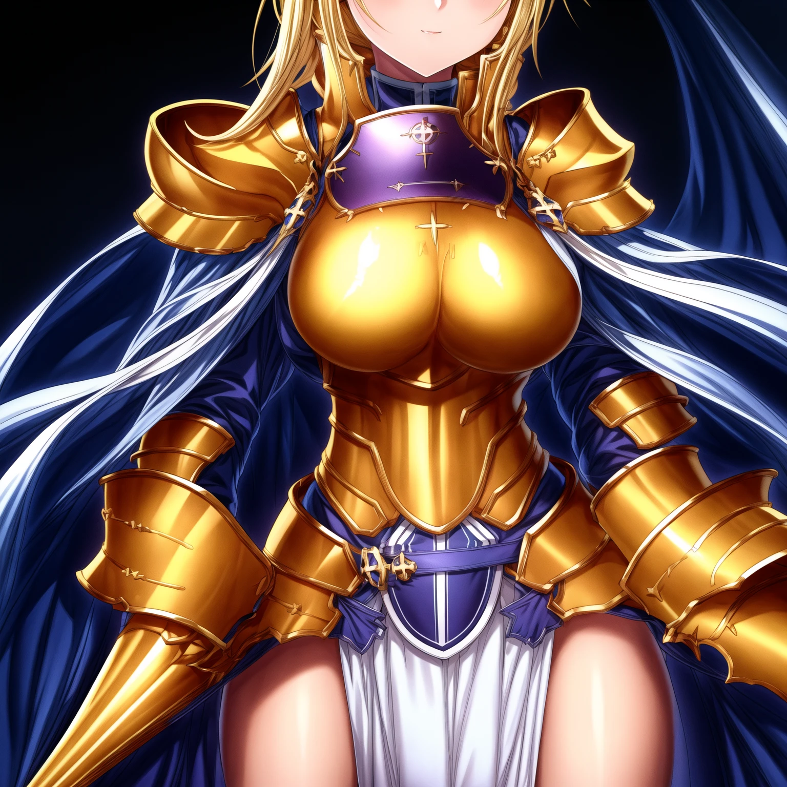 1girl, blonde hair, (white hairband), golden armor, ((naked breasts)), ((naked pussy)), (from below), ((looking down)), (scared), blue skirt, ((thick thighs))