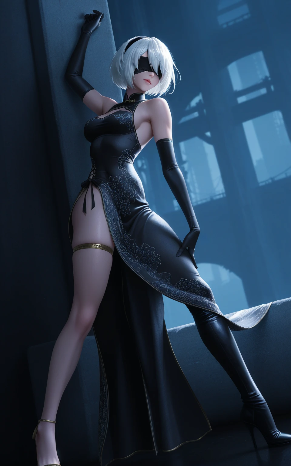 il y a une femme en body noir debout dans une grotte, succube en robe courte moulante, morts ou vivants 6, A sexy maid in a magical forest, jeu de style square enix, pose de lancement de sorts, capture d'video game screen>, 2b, 2 b, debout dans une grotte, dans un donjon, dans le jeu capture le rendu 3D, style final fantasy 14