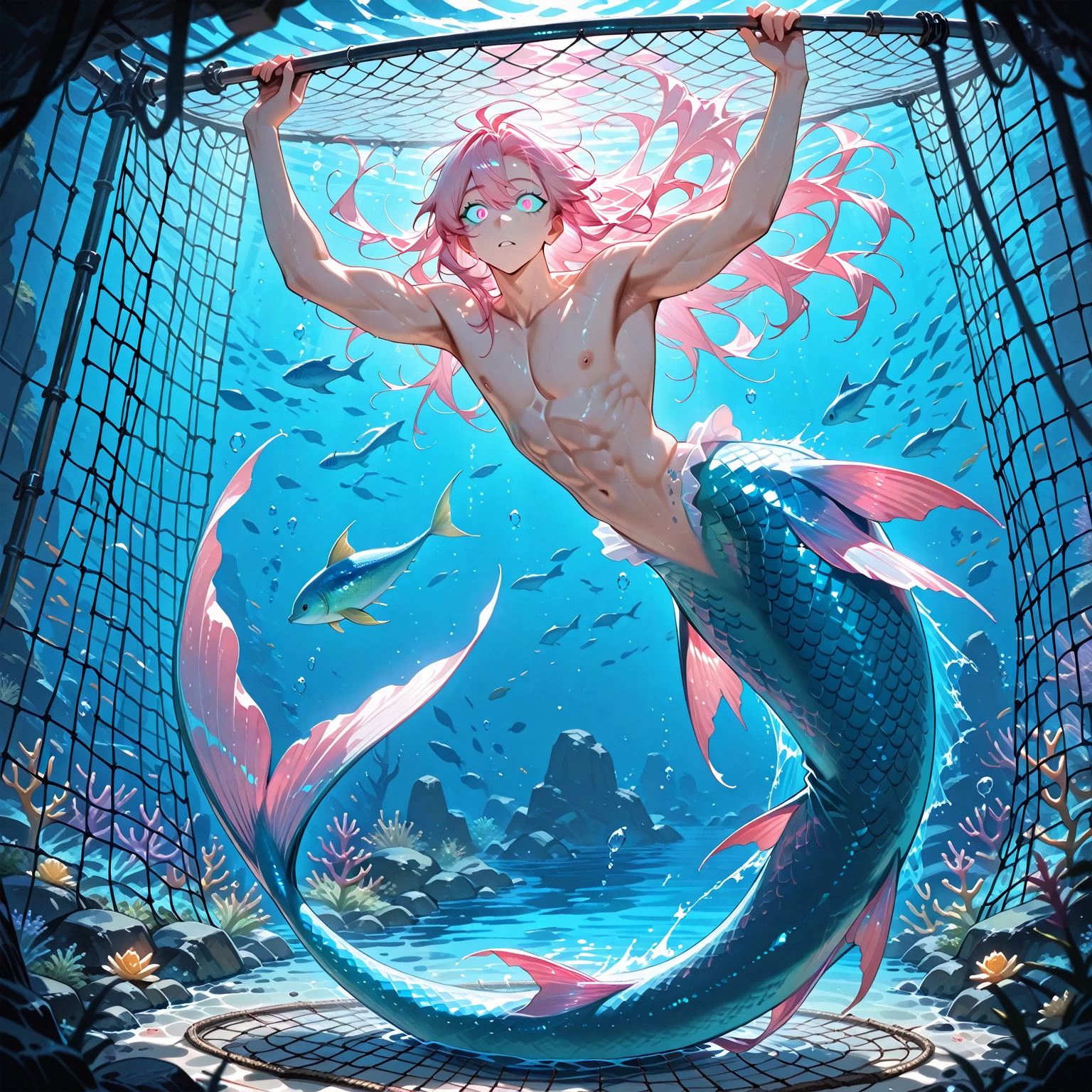 merman man、delicate、12 years old、whole body、Surrounded by countless red tentacles、my arms are tied with red tentacles、Red tentacles press on the body、Sweat、suffer、perspective close to the face