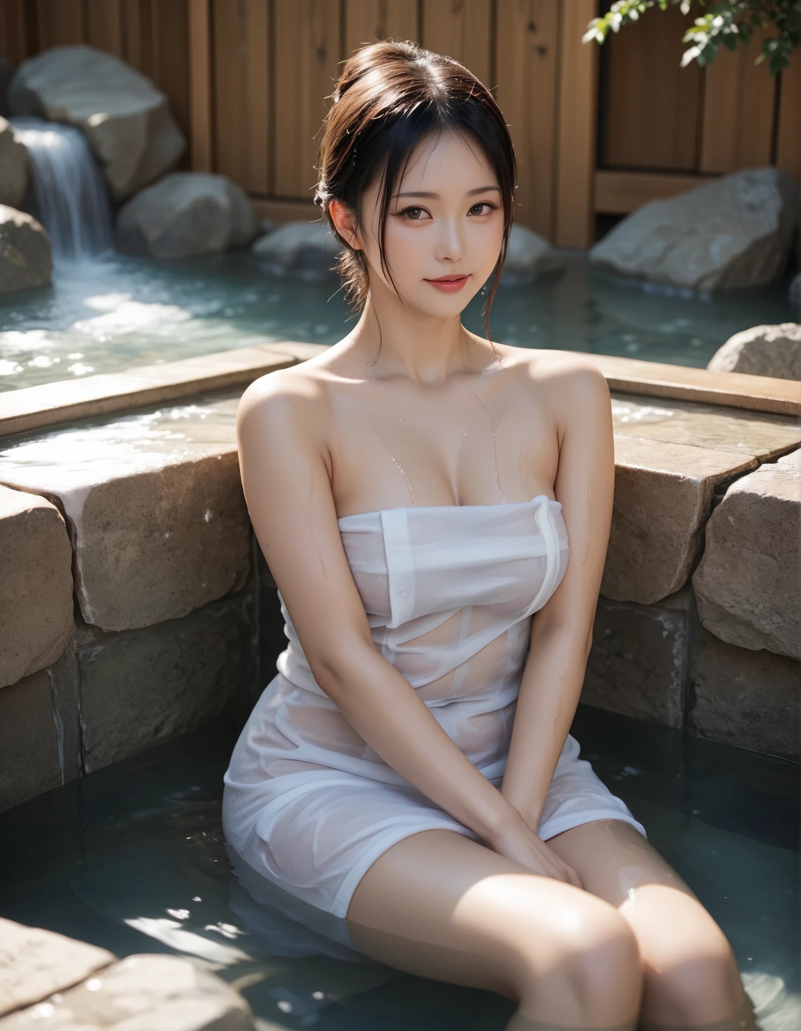 Japanese woman wearing a natural hot spring and a small white see-through towel on her chest、Japanese woman relaxing in the bath wearing a small white see-through towel around her chest、The small white see-through towel worn on the chest is wet and the skin can be seen through