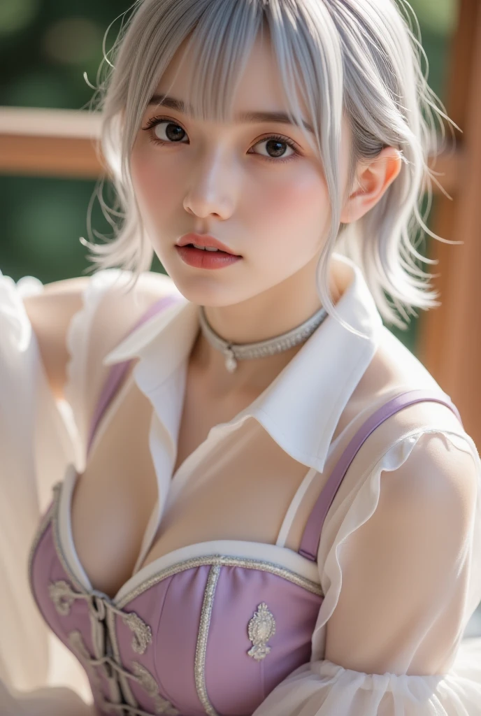 realistic, 1girl, white hair, purple eyes, glowing eyes, top-tank outfits ,sexy push up bras , skirt, parted lips, blush, night, flowers, sun, sunlight,