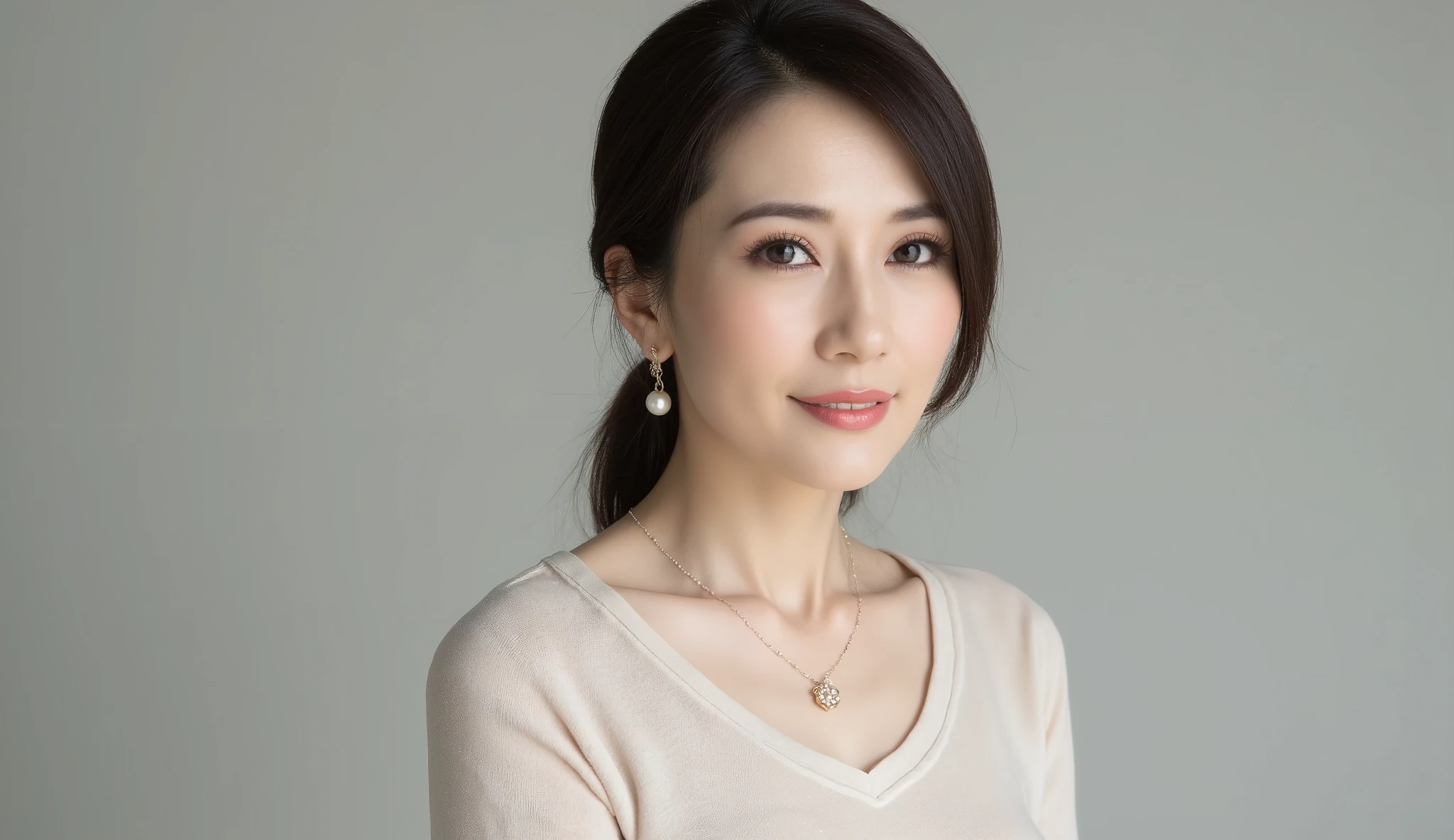 Mature Woman, high resolution, masterpiece, Highest Quality, Highly detailed, (formal:1.4), (realistic:1.2, 超realistic:1.1, realistic:1.37), (sharp focus on thin t-shirts:1.4), Women lining up in front of a motel, Physically Based Rendering, incomparable beauty, (ultimate beauty), (48 years old,: 1.4), Japanese, closeup, Wrinkles of laughter :1.2, SOFT MAKEUP, Gentle Brown Eyeshadow, Fluffy lips, illustration of a beautiful girl with a slight smile , I'm leaning slightly to the right , simple background, pearl drop earrings, Delicate Pearl Necklaces