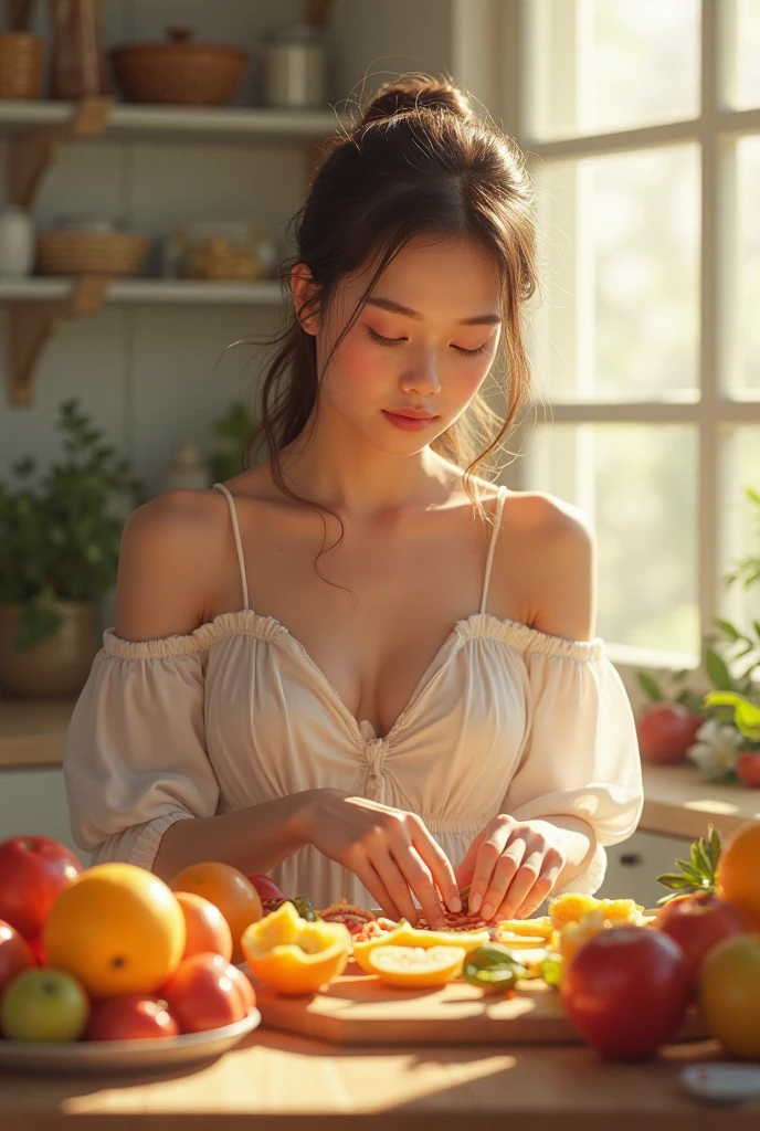 Masterpiece, best quality, beauty and aesthetics,(realistic:1.hotorealistic,ultra skin,{skirt|bodysuit,long jeans},Clear and bright eyes,1girl,minigirl,slim body,smile,small breasts,slim legs,flat chests,correct anatomy,many plate,dynamic pose,A girl {lying|staning|sitting|kneeling} in a {plate|bowl}, od|noodles|  cream| fruits| vegetables|nuts| soup), full body,a large table,knife, fork,shot from {above|front},wide-angle photography,realistic,realhands