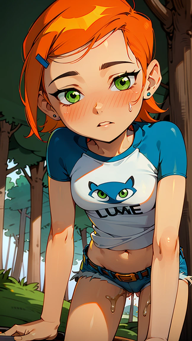(Masterpiece), Best Quality, ultra-detailed, 1girl (Gwendolyn_Tennyson, beautiful face, breasts, orange hair, short hair, green eyes, half-closed eyes), , a come-hither face, parted lips, nose blush, blush, solo, thin T-shirt, ??????? shirts, nipples , navel, belt, denim shorts,in the forest, standing, love juice flows out of her pussy, from_below