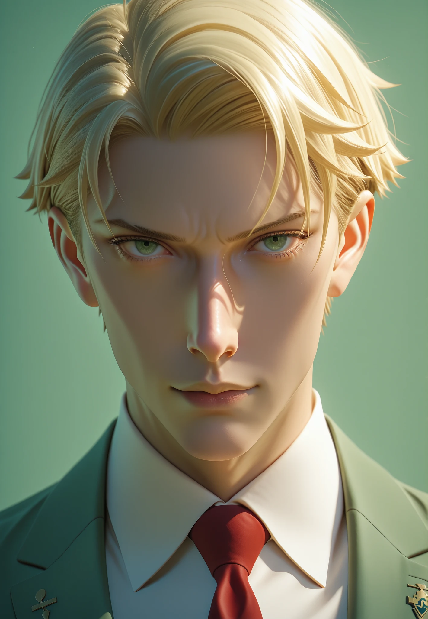 3DMM, Hype4realistic, Realistic, Ultra Realistic, 1boy, solo, Early Thirties, Loid Forger (spy x family), slicked-back blonde hair and sharp teal eyes, wearing a fitted olive green suit with a red tie and white shirt, calm expression, exuding a professional secret agent vibe, with a sleek, stylish appearance, Classic side-part haircut,
detailed character design, high quality,
half-body, looking at the viewer, front view, body facing the viewer, family portrait pose, green background