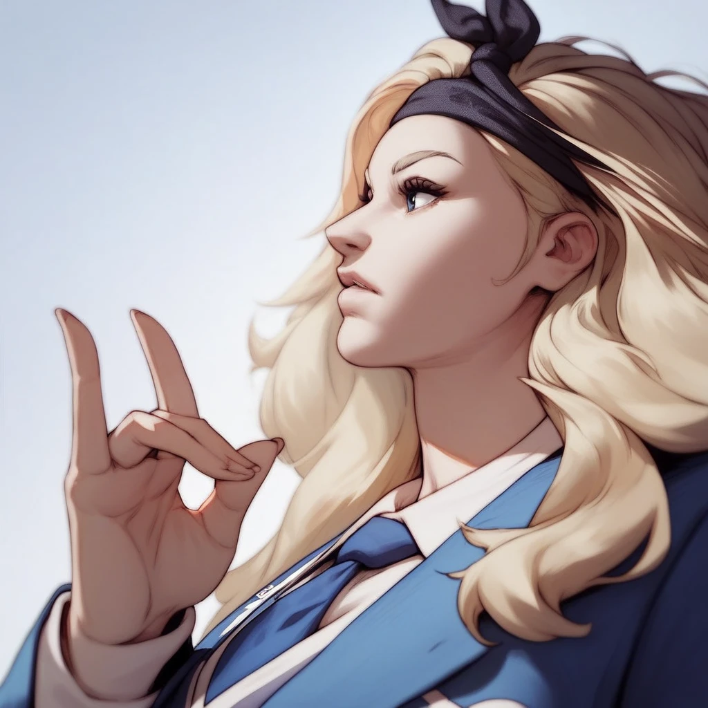 A hot girl with strong, light blonde hair, cute hair, Look of Fury, musclegirl, dark costume and fist, lilac makeup, whitegloves,