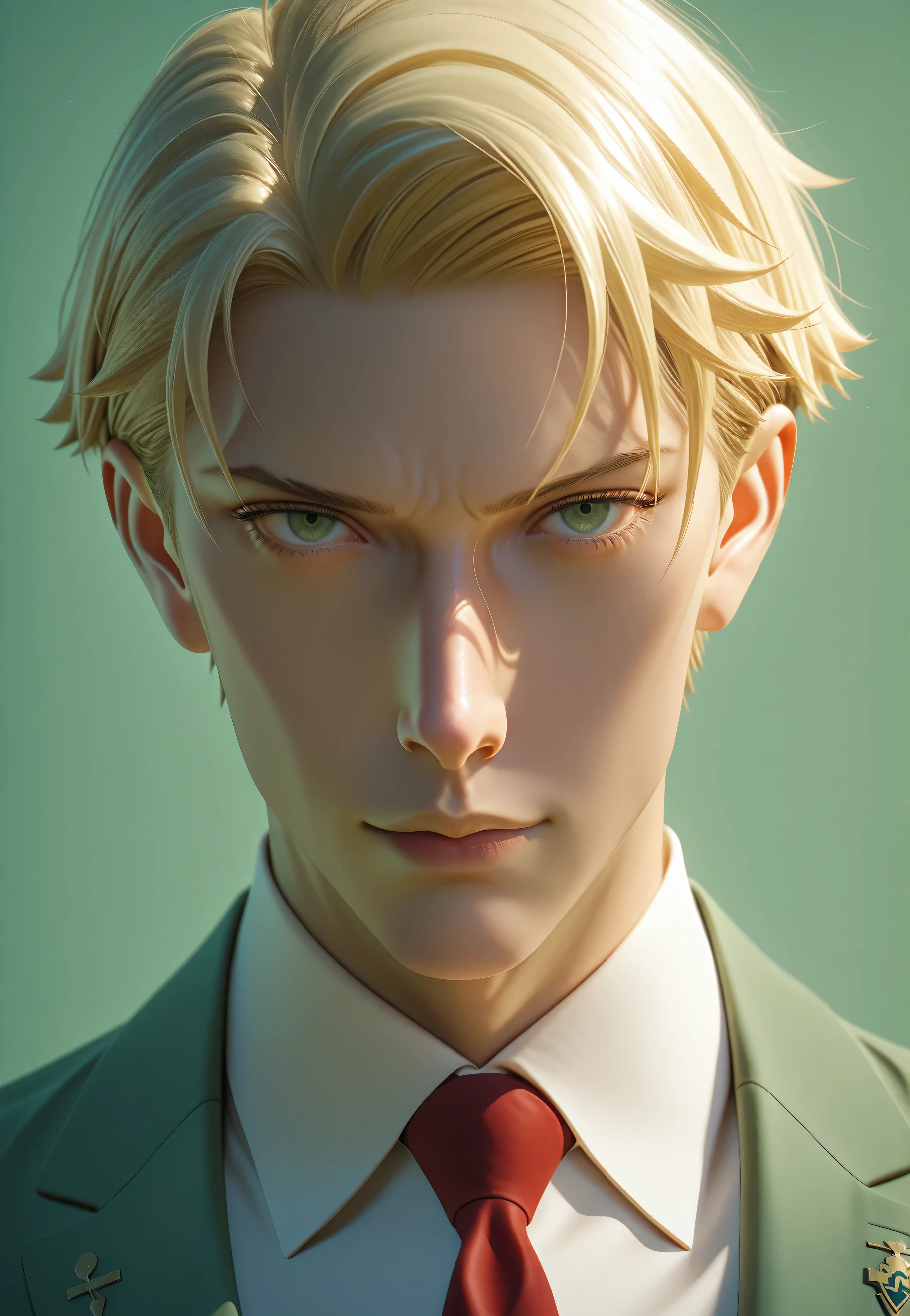 3DMM, Hype4realistic, Realistic, Ultra Realistic, 1boy, solo, Early Thirties, Loid Forger (spy x family), slicked-back blonde hair and sharp teal eyes, wearing a fitted olive green suit with a red tie and white shirt, calm expression, exuding a professional secret agent vibe, with a sleek, stylish appearance, Classic side-part haircut,
detailed character design, high quality,
half-body, looking at the viewer, front view, body facing the viewer, family portrait pose, green background