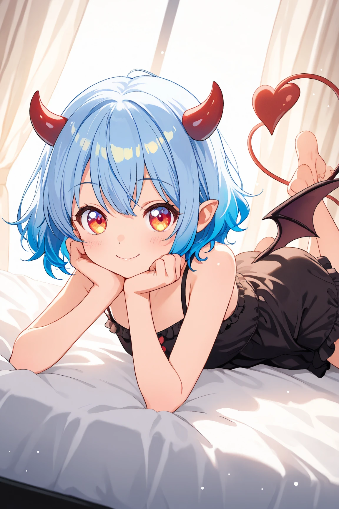 score_9, score_8_up, score_7_up, source_anime,
1 cute succubus girl with shiny dark blue hair, extreme blue hair, short hair, pink eyes, solo, cute beautiful gorgeous face, pale skin, shy look, perfect body, ((thin black pointed tail)), on all fours on a bed, bare shoulders, collar, black demon wings, (2 very thin black horns), looking at viewer, small light round breasts, cleavage, ((blue silk negligee)), barefoot, blush, bare arms, anime style, shy smile, young face,
ultra-detailed, best shadow, detailed background, high contrast, (best illumination, an extremely delicate and beautiful), ((cinematic light)), intricate details, 8k, anime, very aesthetic, vibrant color,