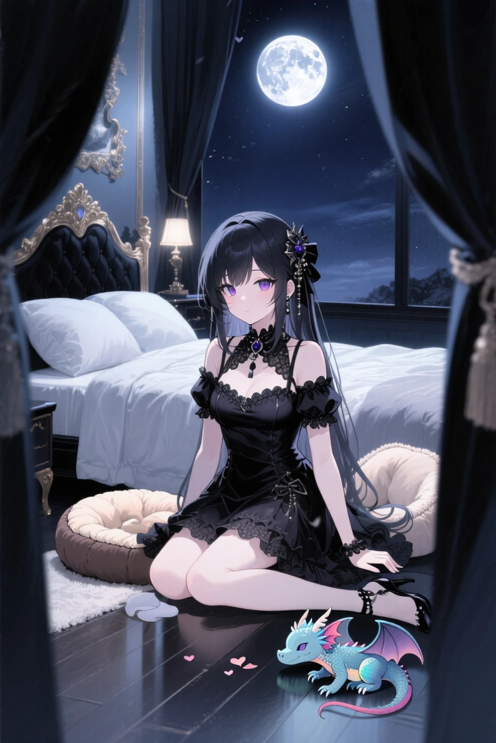 1girl, solo, gothic, watercolor, black dress, lace patterns, puffed sleeves, silver cross necklace, raven hair, bob cut, shoulder-length, black ribbon hair accessory, piercing blue eyes, wide and innocent eye shape, serene facial expression, petite figure, modest bust, knee-length black boots, moonlit castle backdrop, wrought iron gate, cobbled pathway, full moon, hanging lanterns, swirling mist, delicate spiderweb details, black lace gloves, silver bracelet with intricate filigree, dark lipstick, pale skin, subtle blush, gothic cathedral window in the background, candlelit atmosphere, black lace parasol, vintage key pendant, silver choker with a black gemstone, black lace stockings, moonlit roses, crow perched on a nearby branch, gloomy atmosphere, black lace veil, silver dagger tucked into the belt, moonlit silhouette of bats, ornate black velvet armchair, silver moon pendant, gloved hand holding a black rose, Gothic architecture, moonlit graveyard, small tombstone, shadowy figures lurking in the distance, hauntingly beautiful melody in the air, gothic arched doorway, mysterious aura, moonlit cobwebs, ethereal glow surrounding the girl, black lace fan, solitary figure gazing out into the night, black lace trim on the dress, pale moonlight illuminating her features.<lora:SilvermoonMix07:1>