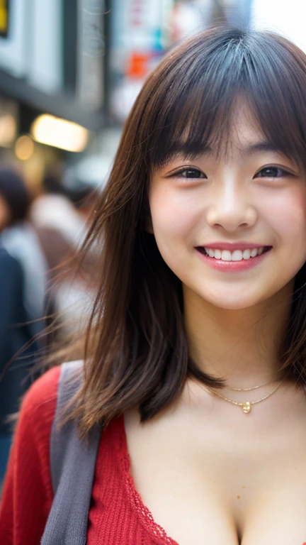 masterpiece,best quality,(Japanese ),((Beautiful girl)),cleavage,(perfect body beauty:1.2),(shy smile),beautiful teeth,(Shibuya scramble crossing),