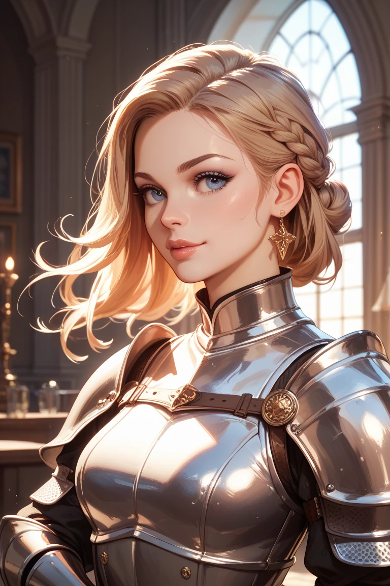 (Masterpiece, Best quality), Photo realistic rendering, Game CG Movie, a close up of a woman Charlize Theron in a futuristic suit beautiful girl cyborg, robot girl, porcelain cyborg, sexy posture, Whitebait tail braid, Solo, Brown leather clothing, Skull ornamented with roses, foliage and tribal patterns.