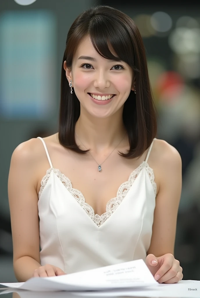 (best qualtiy，4K：1.3），hyper realisitic，(midle breast: 1.2),　Cheerful woman ， 1 Woman, dark brown hair , thin legs,　A refreshing smile, poolparty，Detailed eyes, double eyelid ，Sensual dress with low collar, beautiful breast,Super Detailed Face，Detailed lips, CG unity 8k wallpaper, ultra-detailed, highres, soft light, beautiful detailed girl, extremely detailed eyes and face, beautiful detailed nose, beautiful detailed eyes,cinematic lighting ,perfect anatomy,slender body,smiling