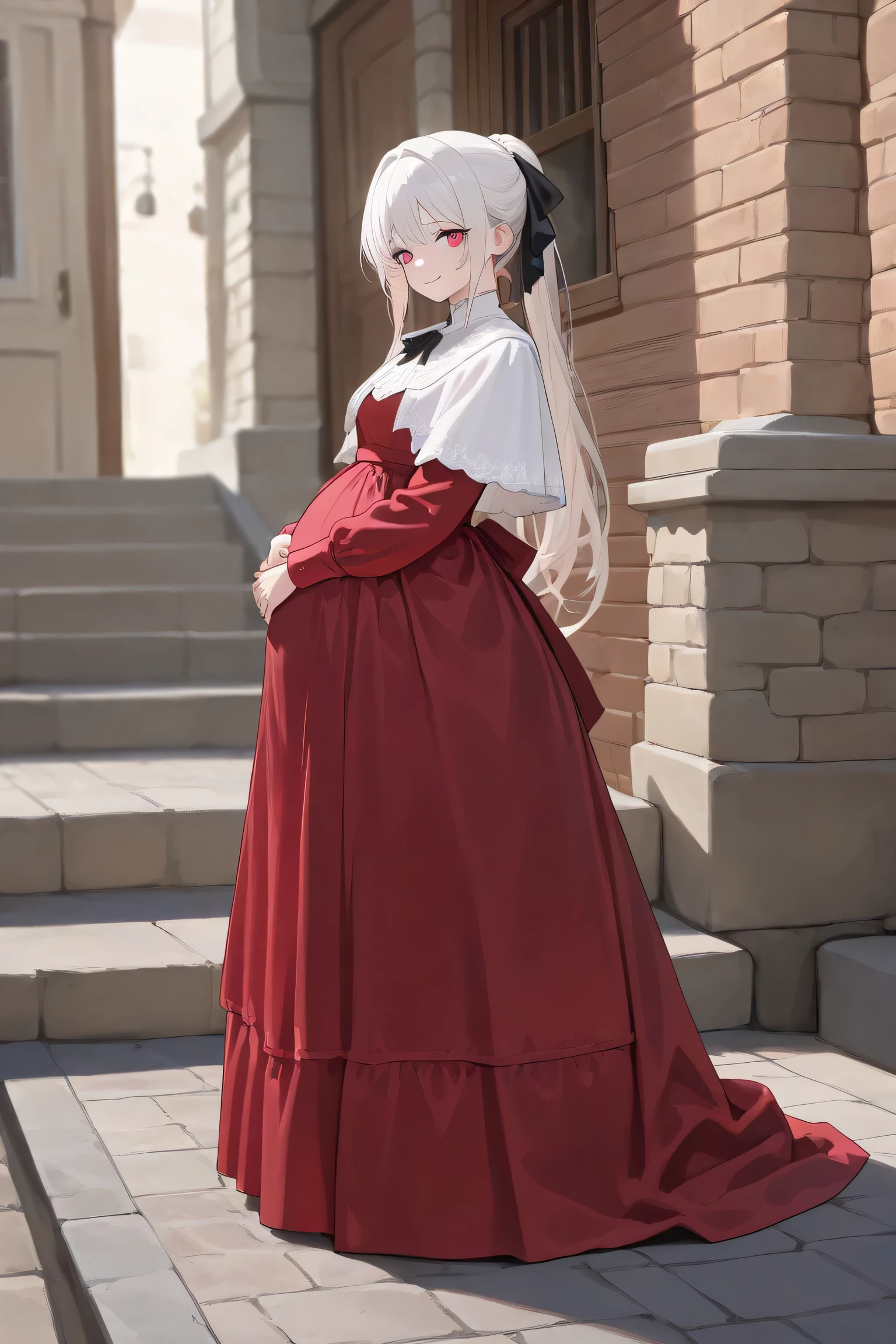 (Best quality, 4k, 8k, high resolution, masterpiece:1.2), ultra detailed, intricate details, beautiful girl, SOLO, alone, long white hair, bangs, red colored eyes, small-medium breasts, perfect smooth skin, head tilted, (Pregnant:1.0), black ribbon hair, twin hair ribbon, victorian dress, colored dress, side view, pain, at medieval town on streets, white capelet, looking at viewer, smile lighly, full body