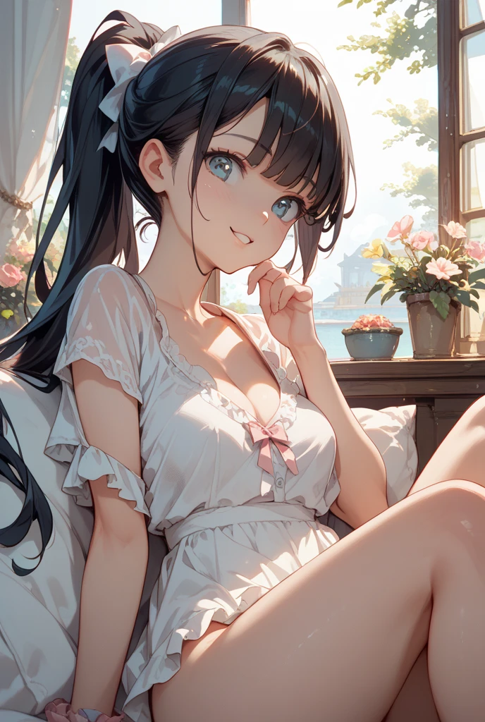 (masterpiece, best quality:1.2), (highres, abstract:1.1), ultra detail, 1girl, cute pose, camisole, off shoulder, parted lips, smile, blush