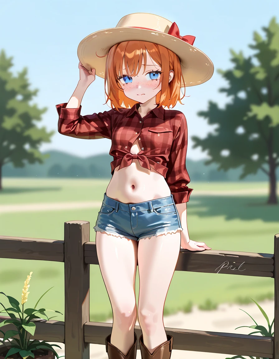 8k, masterpiece, best quality, realistic, higly detailed, cowboy shot, 1girl, solo, itsuki, serious looking girl, medium-length hair, expressive ahoge, reddish-orange hair, a pair of star-shaped hairpins near both of her eyes, dark blue eyes, average height, well-endowed figure, glasses, cute, summer clothes