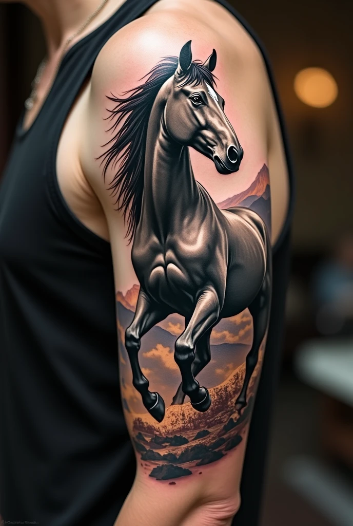 Blackwork tattoo, Pegasus from chest to shoulder.