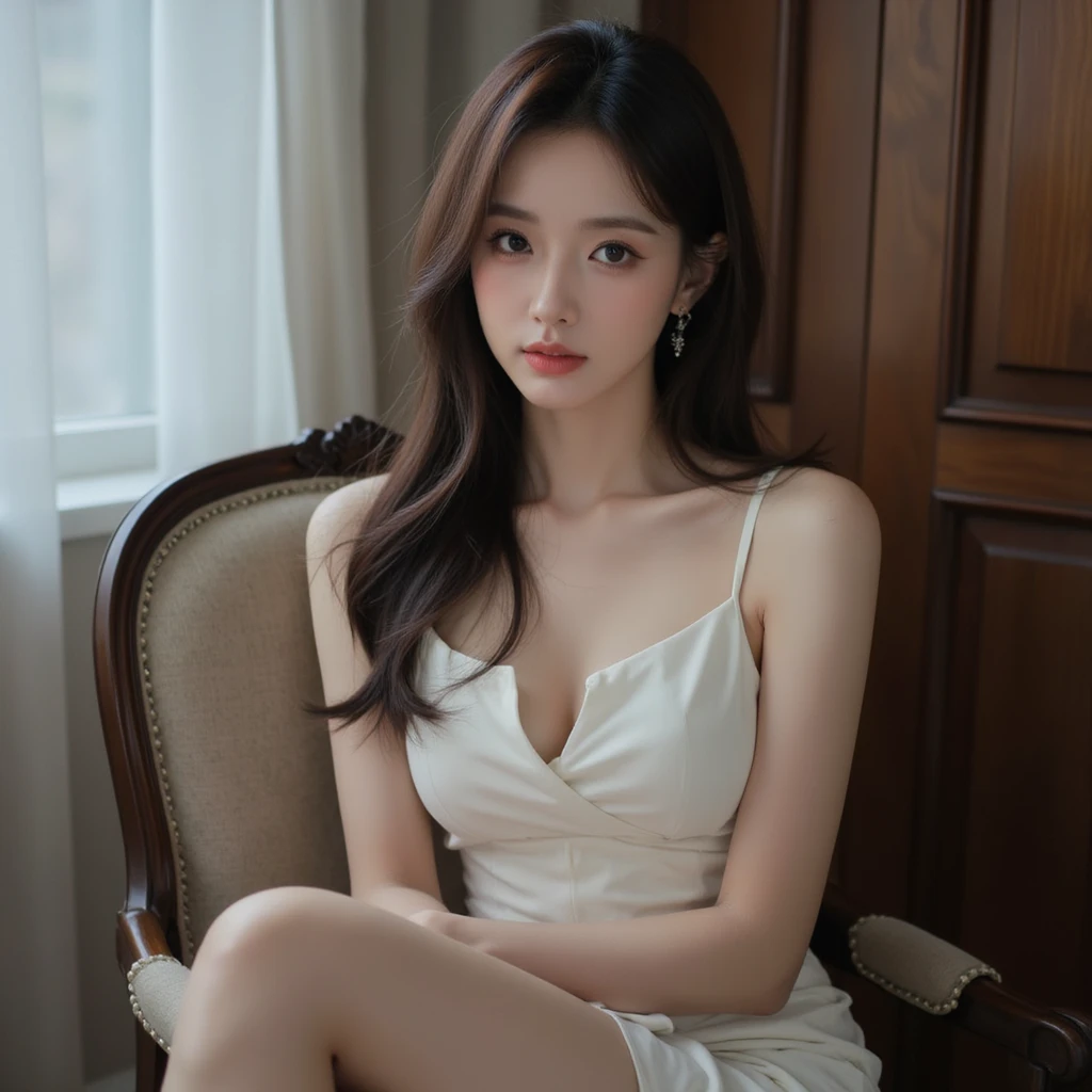 1 Girl,Sit on a comfortable sofa,Soft Light,Chinese Beauty, dress,Dark-haired,Length of hair
