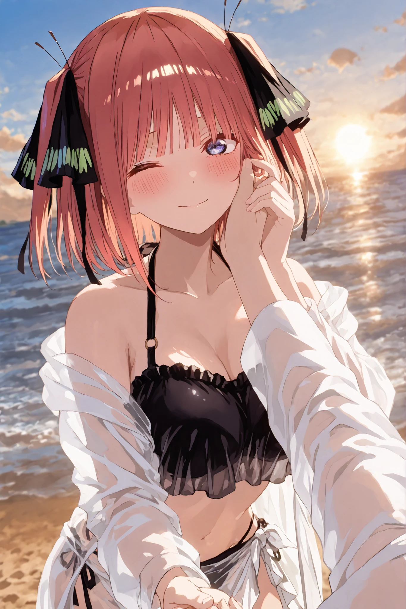 Nakano Nino, Short Hair, bangs, blue eyes, hair ornaments, Hair Ribbon, Pink Hair, blunt bangs, Both sides up, butterfly hair ornaments,smile,Open your mouth,Black string bikini swimsuit,Pareo Swimsuit,Belly button,abdomen,barefoot,A thin long skirt is wrapped around her waist,Sandy Beachを散歩している,Walking,True Summer,Daytime,Clear skies,whole bodyがイラストに入るように、
break outdoors, Sandy Beach,Beach,
break looking at viewer,whole body,
break (masterpiece:1.2), Highest quality, High resolution, unity 8k wallpaper, (figure:0.8), (Beautiful attention to detail:1.6), Highly detailed face, Perfect lighting, Highly detailed CG, (Perfect hands, Perfect Anatomy),