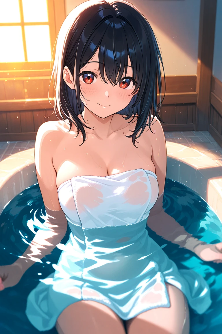 anime girl wearing white headphones, reading a book, looking at a book, black hair, 29 years old, Soak in the bath, in the bathroom, Exposed cleavage, big breasts H-cup, accentuate the cleavage, accentuate big, revealing skin, lofi girl anime vibes, lofi artstyle, anime style 4k, anime aesthetic, nightcore, lofi feel, lofi art, anime art wallpaper 4k, anime wallpaper 4k, lofi vibes, plants in the room, city view, sunrise, white headphone, she is reading a book in the bath, Heavenly music that fills the air, one thick candle is lighting, Night city lights illuminate the bathroom, full moon, blush, short ponytail, anime style, macro photo, masterpiece, best quality, 4K, highres