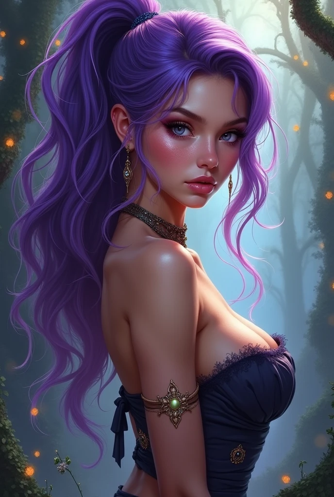 A beautiful women with one eye and purple hair wearing a skimpy swimsuit and a fat ass