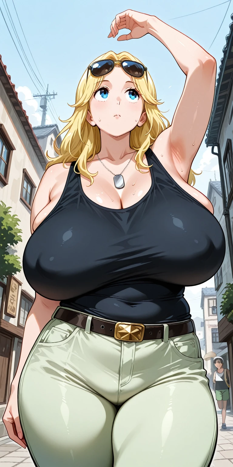 mature, age 21, head tilt, small demure smile, mocking, clothing aside, highly detailed background, (OverallDetail:1.1), EyeDetail, fFaceDetail, fHandDetail, HairDetail, looking at viewer, sexy, provocative, flushed cheeks, blush, princess_zelda_aiwaifu, aiwaifu, small ears, pointy ears, braid, hair ornament, hairclip, gloves, fingerless gloves, crown braid, bangs, pants, black gloves, green eyes, parted bangs, black pants, blonde hair, short hair, sidelocks, thick eyebrows, jewelry, belt, tight pants, tight, ((gigantic breasts)), thick thighs, garden, cowboy shot, ((black bra)), ((shirtless)), undersized bra, (low rise pants), huge ass, bare arms, underboob,, en shorts, arrodillada en el piso, arrodillada con las piernas abiertas