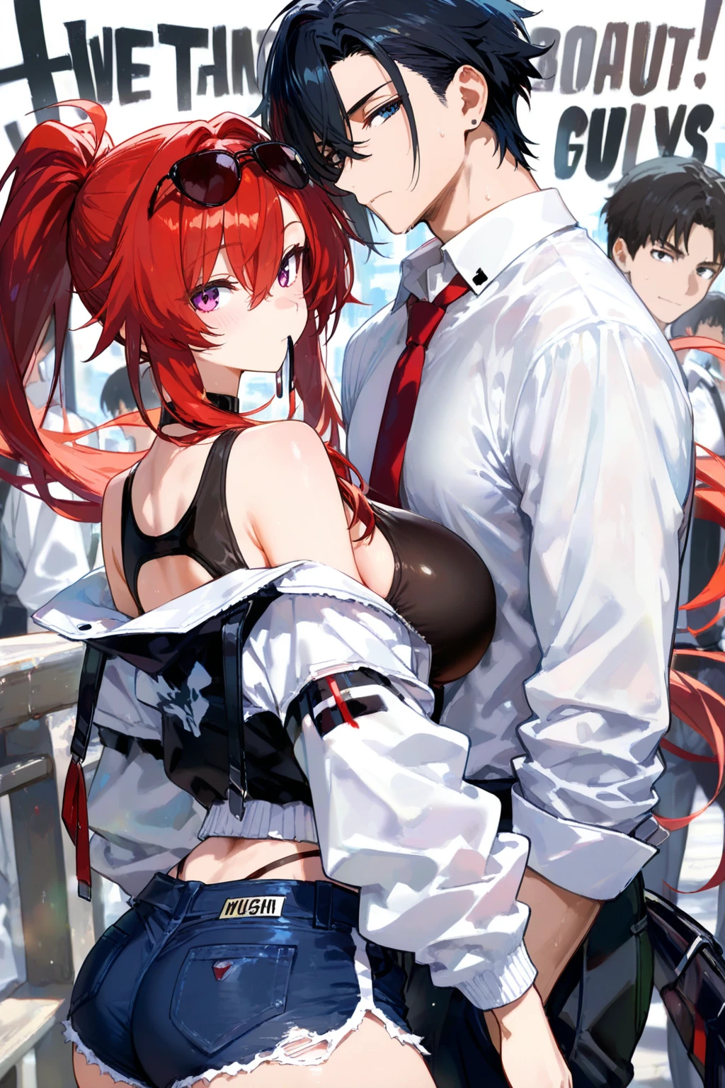 An anime girl with red hair and blue eyes wearing a skirt and an open shirt revealing a black and red bra