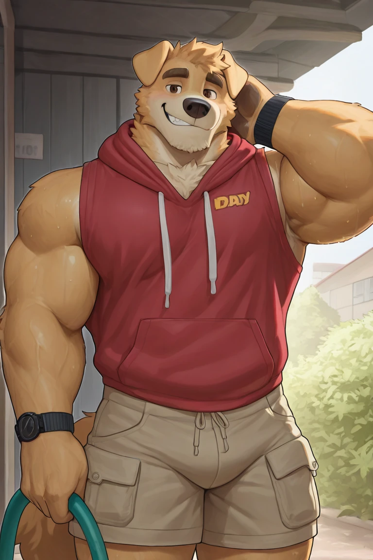 Wolf, Sketch, By Haps, 1boy, bara, black shirt, briefs, bulge, Builder helmet, holding, holding phone, leg hair, male focus, male underwear, muscular, muscular male, open clothes, pectorals, phone, selfie, shirt, solo, thick thighs, thighs, underwear, vest