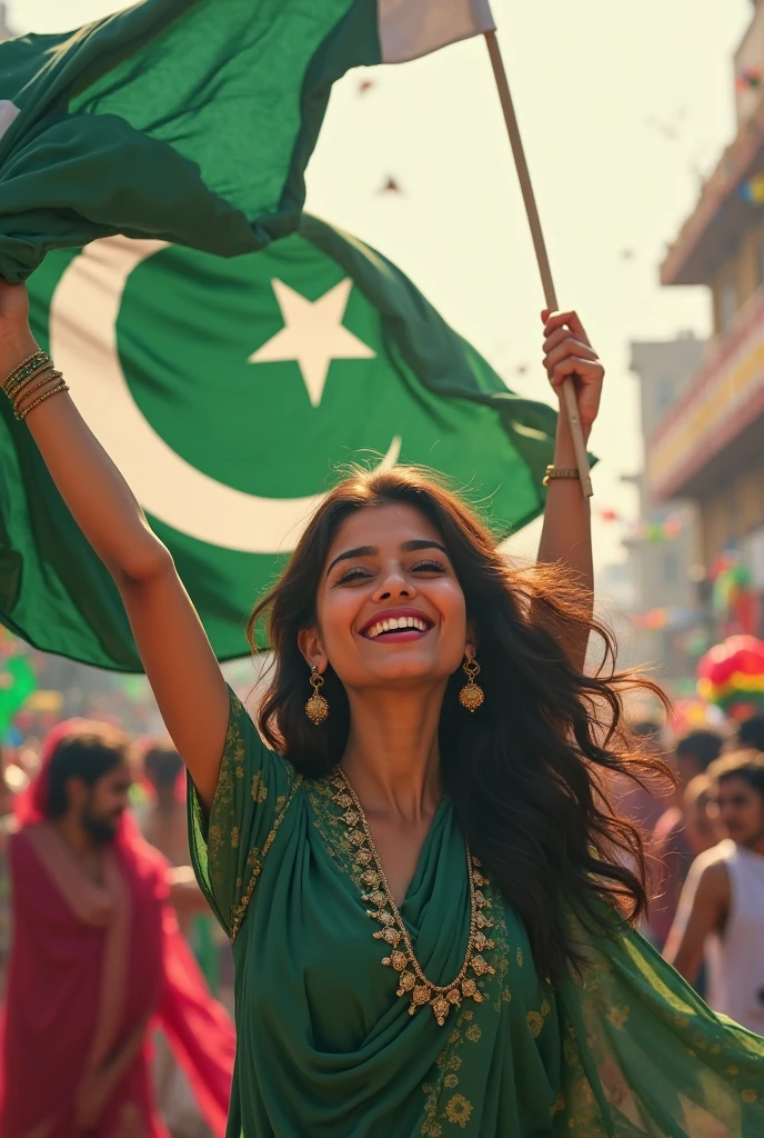 24 years charming joyful girl celebrating independence day of Pakistan with flag