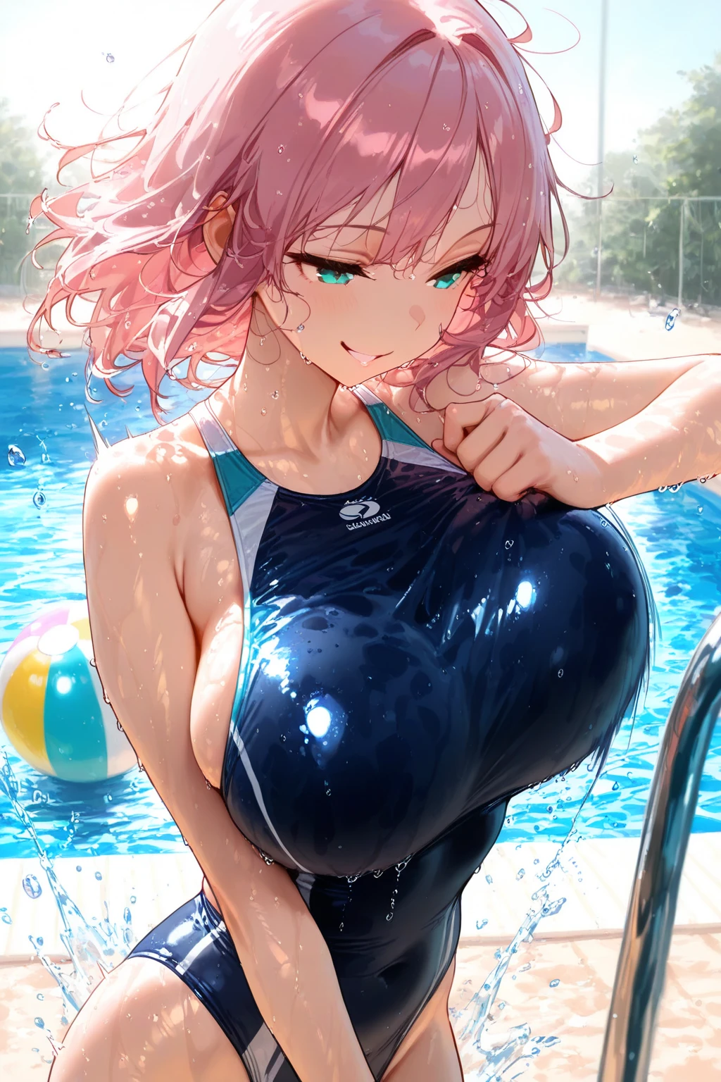 ((Masterpiece)), ((Best Quality)), (Ultra-detailed), ((kawaii)), Cute, (Lovely), ((Sexy)), (Ero), ((Extremely detailed)), 4K, (8K), Best Quality, (Beautiful), anime illustration, Anime style, Painting, (from wildcard:1.4), looking at viewer, cowboy shot, school pool side, out door, (sexy posing), full body focus, gradation, a cute milf, milf, (1milf:1.3), (Solo:1.3), (one piece Japanese school swimsuit:1.1), school swimsuit, beautiful anime face, lip, (beautiful pink hair color), (random color eyes), ((Beautiful eyes)), random hair style, (wet skin:1.2), (white-skinned:1.5), (large breasts:1.1), (saggy breasts:1.5), (half closed eyes:0.9), (cool:1.4), (aroused:1.4), happy, (blush:1.9), steam, Lens Flare, sparkling effect, shiny-glistening, gleaming