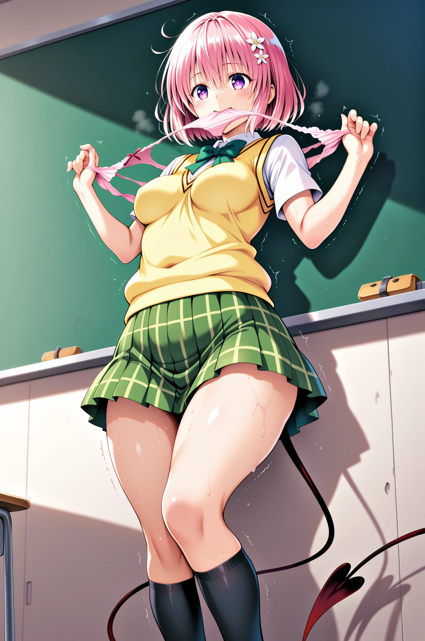 Pink hair、hi-school girl、butterfly hair band、Twin-tailed、Green skirt、Cardigan、Black lace panties、embarassed face、red blush、Teary-eyed、Solo、、(No bra),(No panties),(BDSM crab crotch),Tied up、pussy juice、(SM Play)、(Crouching figure)、(opening legs)
