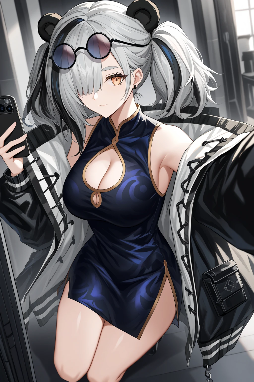 Long legs, long hair, gray hair, cyberpunk, depth of field, blurred background, thong, nudity, big breasts, cleavage, vaginal fissure, lace pajamas, sexy