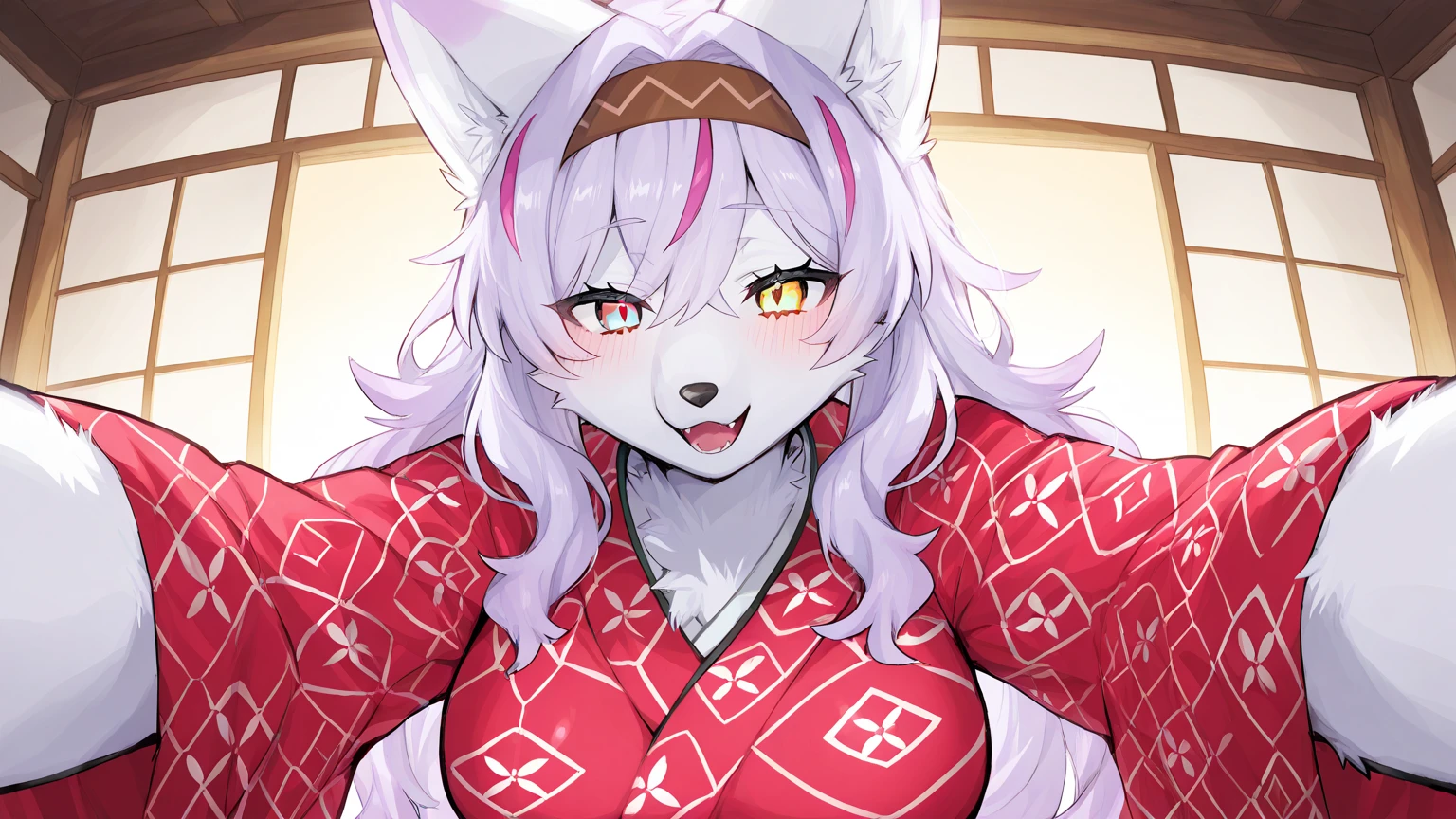 top quality, best quality, by yamame513, High-quality illustrations, masterpiece, uploaded on e621)(kemono, furry, anthro, alone), round, 1 female, hot mother figure, very detailed body, kitsune, big breasts, scars, grey furs, fluffy, tails, perfect eyes, fire eyes, shrine protector clothes, cherry blossom branches, body movement, body twitching, shy smile, red blushing, looking at viewer,