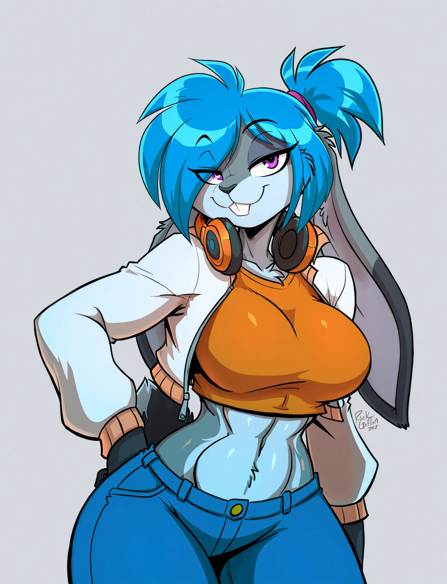 (dark skinned:1.5), goblin, goblin girl, blue hair, very long hair, dark_ skin, very_dark_skin, dark skin goblin, dark-skinned girl, wide body, very dark skin girl, small stature, very chubby, cute goblin, huge breast, very large breast, hair between eyes, twintails, chubby, chubby girl, chubby girl goblin, wide hips, blue eyes, mole, mole on chest, age up, lips, big lips, thick eyebrows, body with fur, short girl, short goblin girl twintails, short girl, fat, very fat, casual clothes, pants, hood