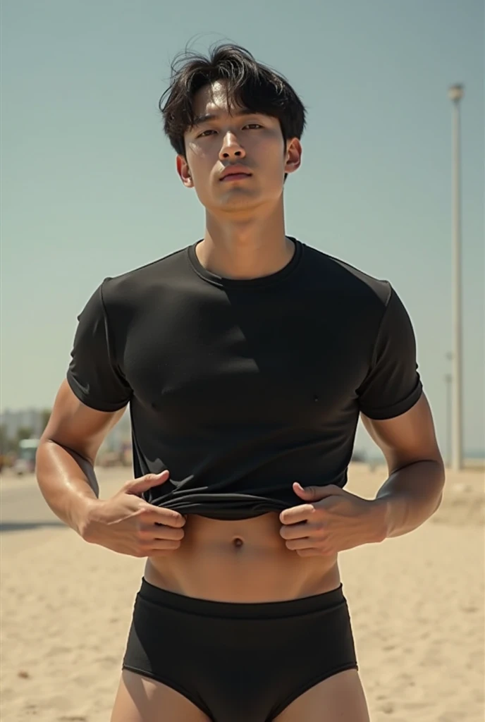 14-year-old teen boy shirtless in speedos, hugging big blue balloons, thin slim body, sunglasses, green balloons, black balloons, youthful, athletic teenager, cute
