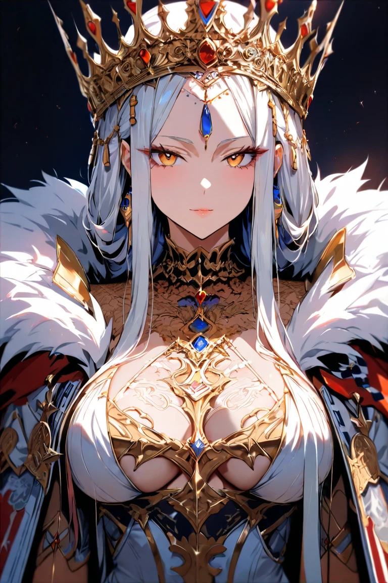 Very beautiful mature lich MILF undead necromancer priest with white hair, blue eyes, big breasts and UHD staff, textured skin, super detail, high detail, high quality,