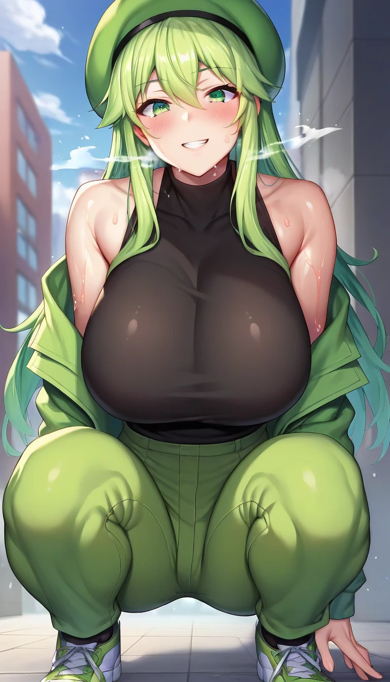 masterpiece, best quality, ultra-detailed, Potrait of beautiful , (chubby) (sexly), (plump), (curvy), (sexly), ((tomboy)), (アニメ), (Saggy breasts), (Plump), (boyish), (muscular), (naughty), (young), (overweight), (Green Hair), (pudge face), (cute), (sexly), (Green Hair), (Nude), (Big Areola), ((thick)), (sexly), (Nelliel), (yellow eyes), (Torn Clothes), (Red lines on face)