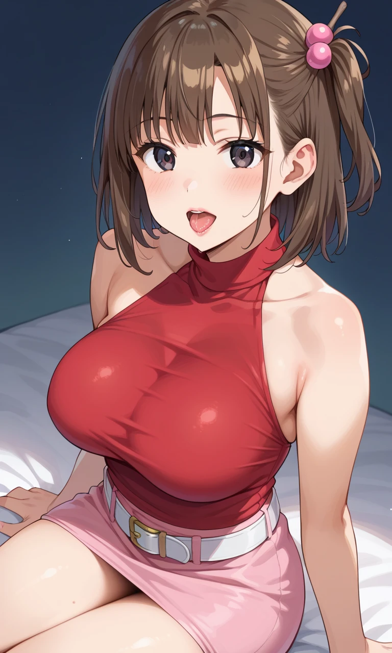 最high quality, 8k, High resolution, high quality, masterpiece, beautiful, (Anatomically correct:1.2), 40s, A beautiful woman, Silky brown, Low Pony Hair, Grey Eyes, Beautiful Skin, Attractive person, Married Woman, Soft looking super breasts, Short stature and glamorous figure, Red extreme micro bikini, Night Beach, bed, embarrassed, grabbing another’s breast, arms up, 1boy,
