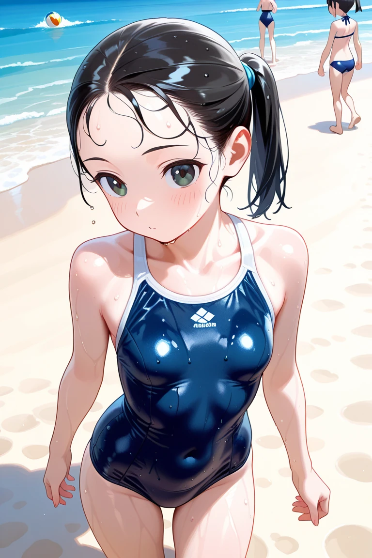 ((top-quality))、((masterpiece))、1girl in、Formal-up、beautiful detailed eyes and face、pretty skin、a very cute、22year old、School swim wear(A black、darkblue、Simple design、Matte texture、Wrinkle、Polyester material、Nero、shadings、)Wet body、Anime Face、Beautie、Facing the front、big eye(Beautiful fece、Anime Face、Clear eyes、Fine details、Beautiful eyes)Well-formed face(Beautiful nasal muscles、Perplexed、sharp mouth)full of sweat、sodden、Wet feeling、Background with(sunny sky、takeout)、8K picture quality、perfectly proportions、A slender、red blush、female focus on, hair adornments,length hair, Look at viewers,
