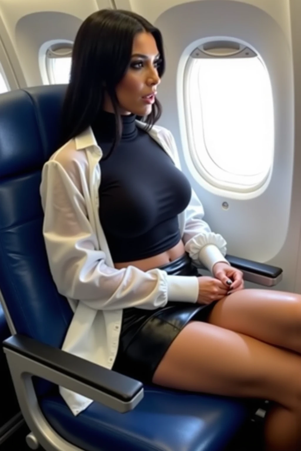 Beautiful girl wearing JK on the plane,reclining on chair,s asleep